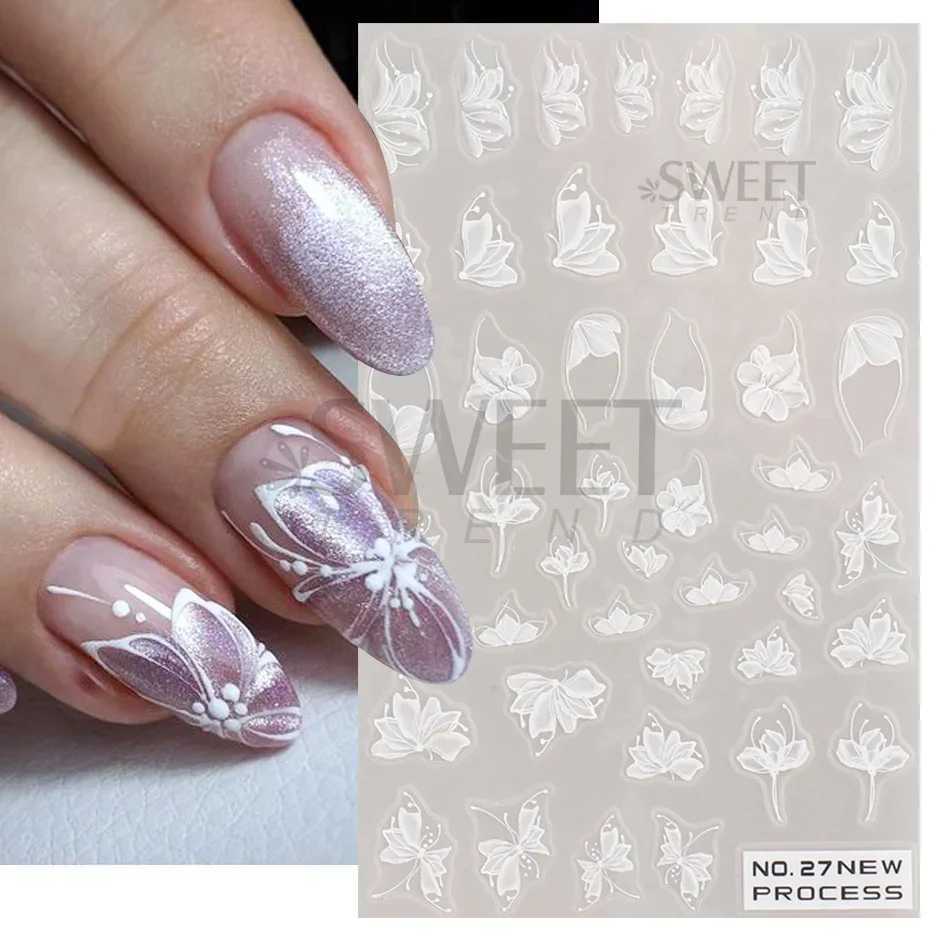 White Lace Flower Nail Art Sticker Acrylic Floral Charm Adhesive Sliders Elegant Wedding Bride Simple Line Design Manicure DecalXJ240814