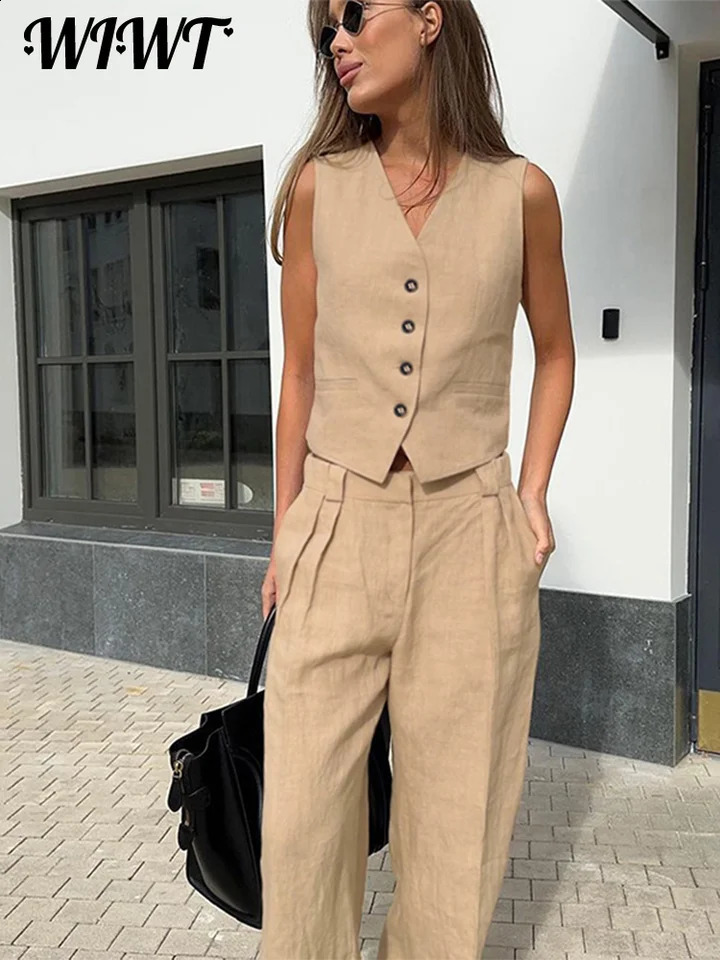 Elegant Cotton Linen Vest Pants Set Women Single Breasted V-neck Sleeveless Tank Top Wide Leg Trousers Summer Lady Outfits 240815