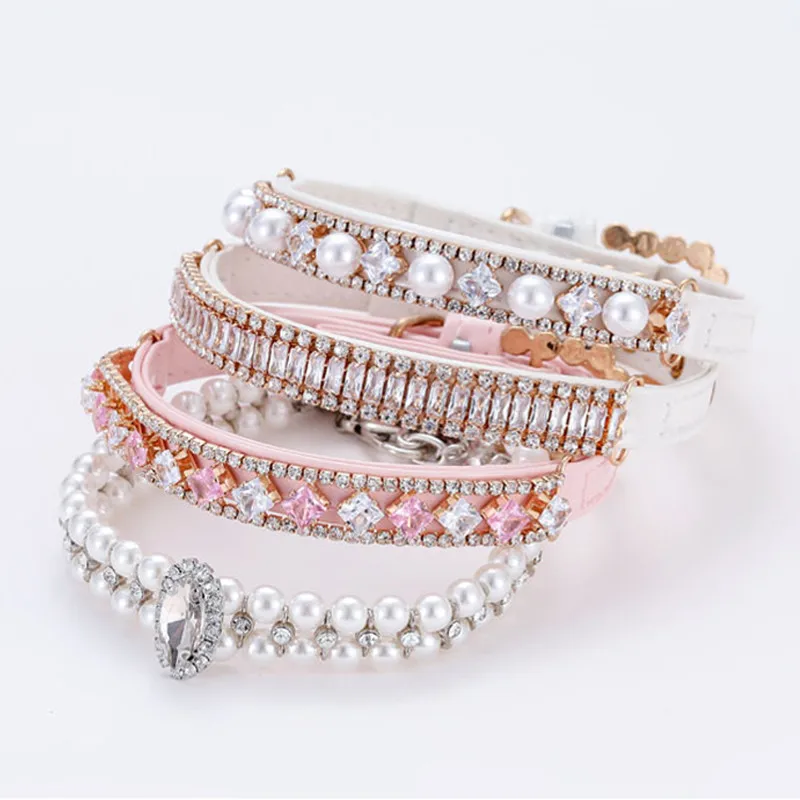 2025 new Dog Collars with Crystal Rhinestone Pearl Necklace Adjustable PU Leather Neck Strap for Small Dogs Cat Accessories XS Pink B249