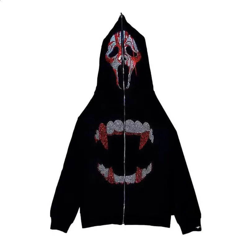 Zipper Ghost Rhinestone Hoodies Black Gothic Sweatshirts Y2k Bling Autumn Jackets Grunge American Fashion Hoodie Men Streetwear 240814