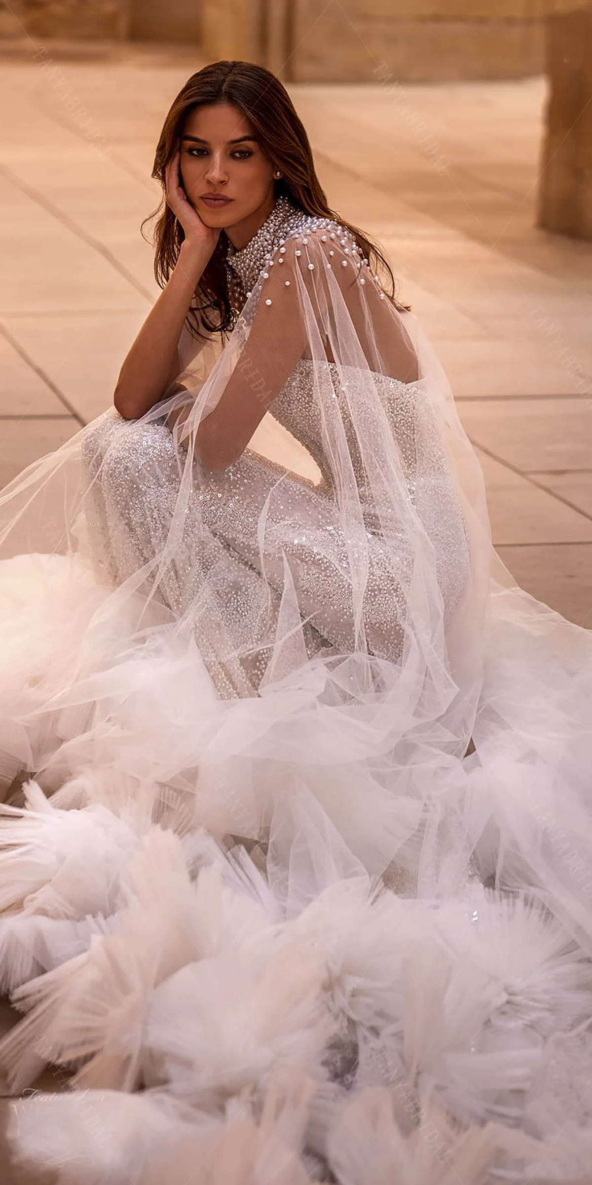 Attractive Long Wedding Wrap Pearls 3D Appliques Tulle High Neck Bride Shawl For Strapless Bridal Dress High Quality Custom Made