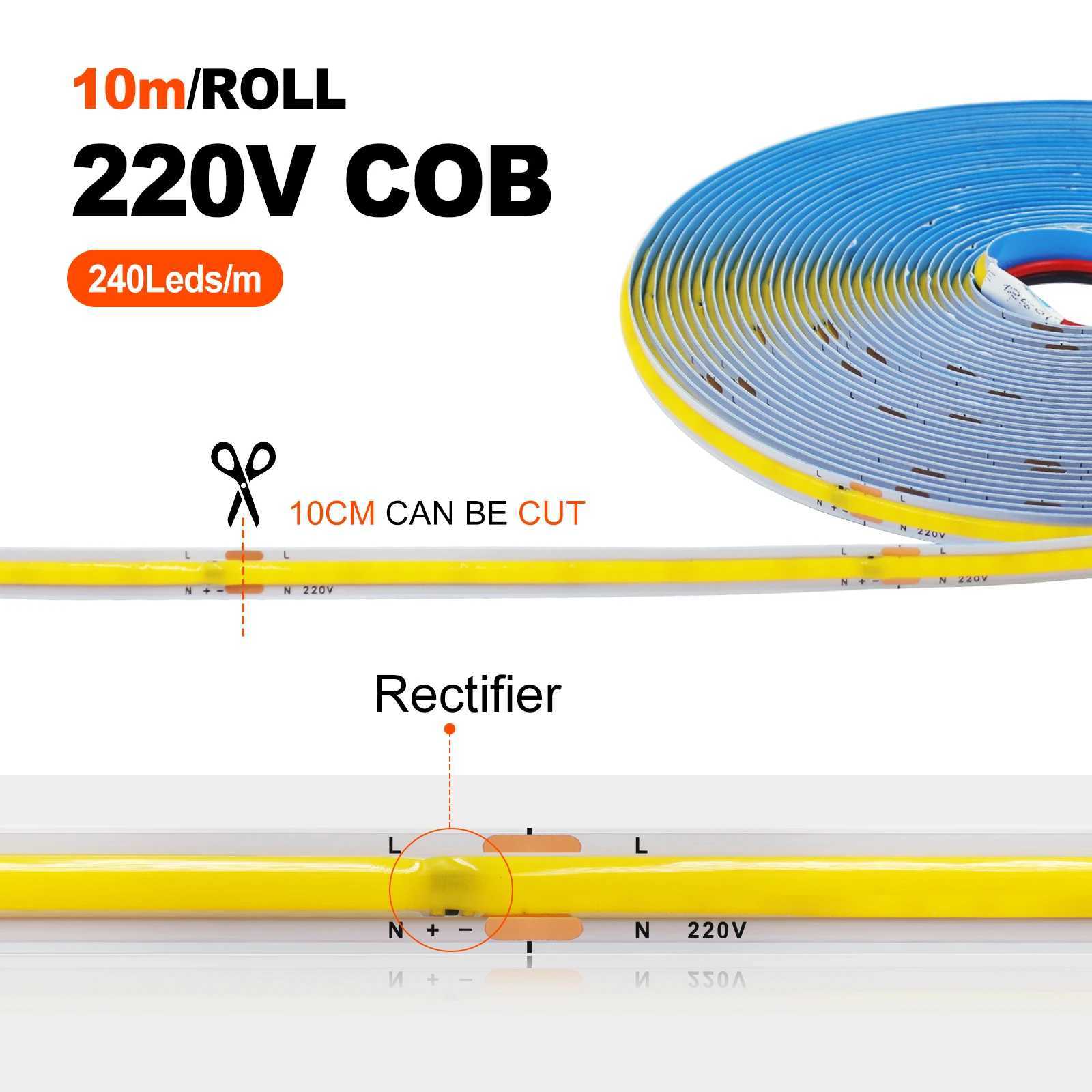 5M 10M AC220V COB LED Strip 240LEDs/m 8mm PCB Adhesive High Density Linear Lighting COB Light Bar White/Warm White/Natural White CL240815