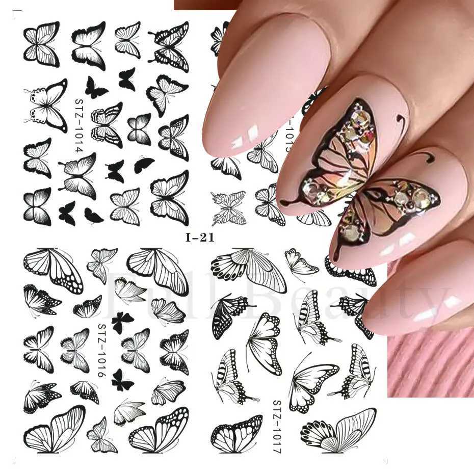 4 PC/Sheet Spring Black Leaf Flower Water Decals Simple Nail Decor Sticker Butterfly Green Palm Design Nail Art Watermark LAI-24XJ240814