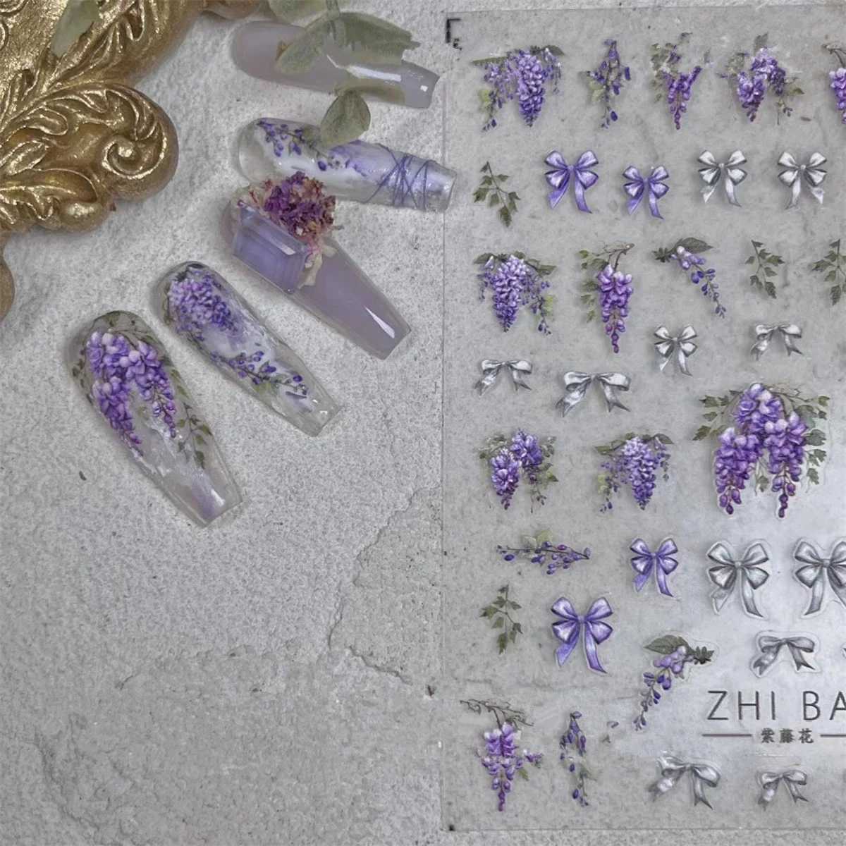 1pcs 5D Japanese Kawaii Purple Wisteria Flower Nail Art Stickers Flower Bow Nail Decoration Slider Decal Adhesive Transfer PartXJ240814