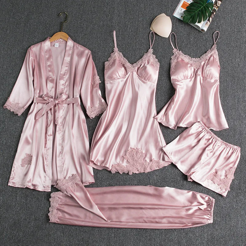 5PC Silk Robe Sleep Suit Womens Lace Satin Pajamas Gown Set V-Neck Cami Nighties Wear Pijama Home Nightwear Spring Nightdress 240815