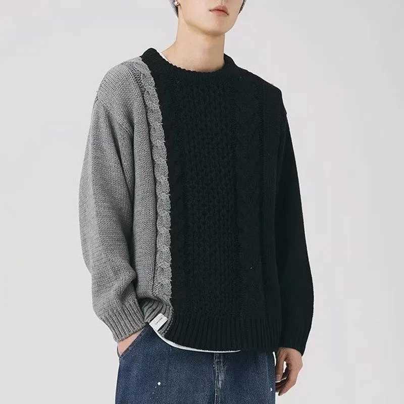 New Spring and Autumn Fashion Brand Splice Contrast Round Neck Loose Versatile Fried Dough Twists Pullover Casual Mens SweaterXJ240814