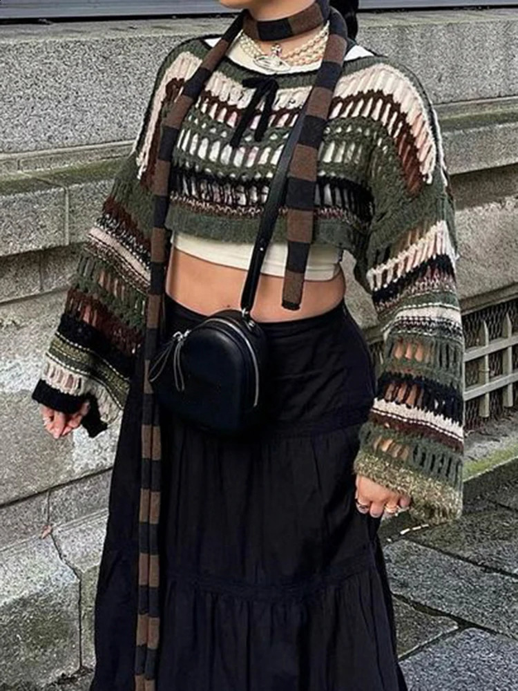 SUCHCUTE Y2k Stripe Hollow Out Fishnet Sweaters Smock Crop Tops Women Fairycore Oversize Sweater Grunge Goth Cloth 240815CJ