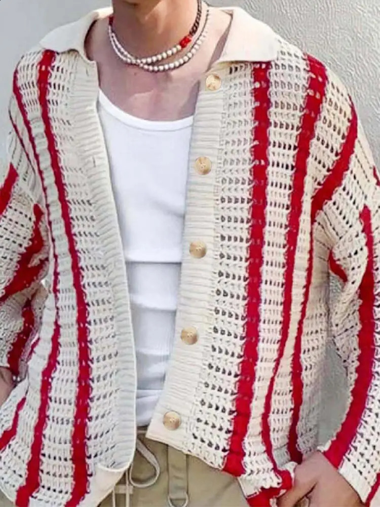 Fashion Hollow Out Knitted Sweater Male Beach See Through Striped Cardigan Sweater 2024 Trendy Long Sleeve Lapel Loose Knit Top 240814
