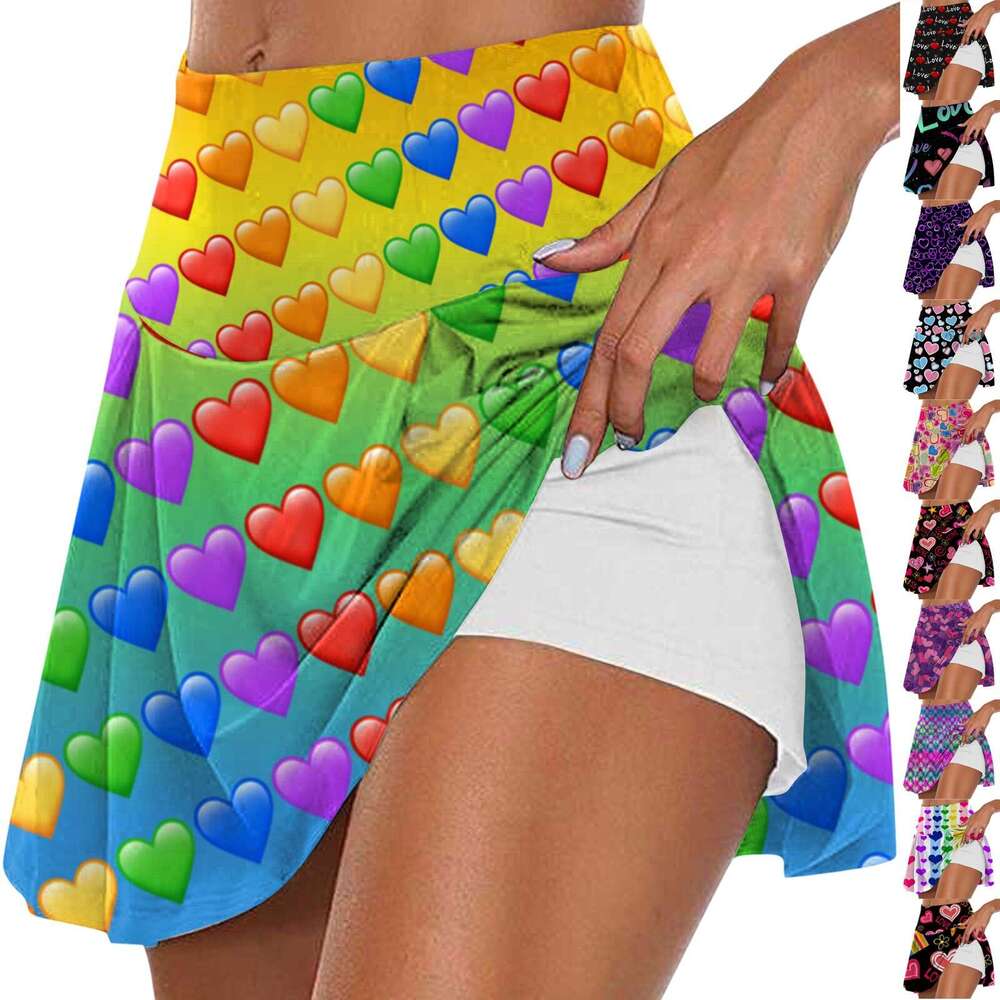 Sports Women Jogging Fiess Tennis Skorts Golf Pleated Valentine's Day Print Workout Elastic Half Skirt