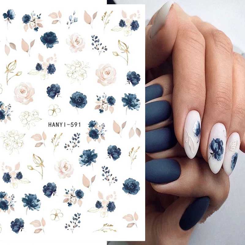 3d White Royalblue Roses Flowers Leaves Nail Art Stickers Adhesive Sliders Nail Decals For Nails Decoration Manicure AccessoriesXJ240814
