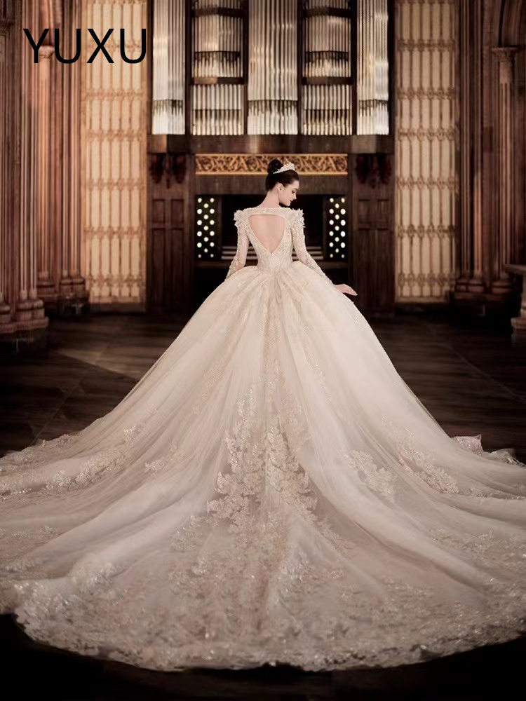 White Wedding Dresses Ivory Bridal Gowns princess ball gown Applique Custom sexy heart backless Plus Size New sweep trrain Long Sleeve Illusion square