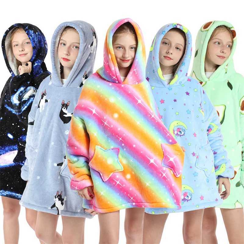 Winter Sherpa TV Blanket Kids Soft Plush Sweatshirt Hoodie Children Warm Flannel Hooded Animal Giant Blankets Pullover Pajamas Y240815