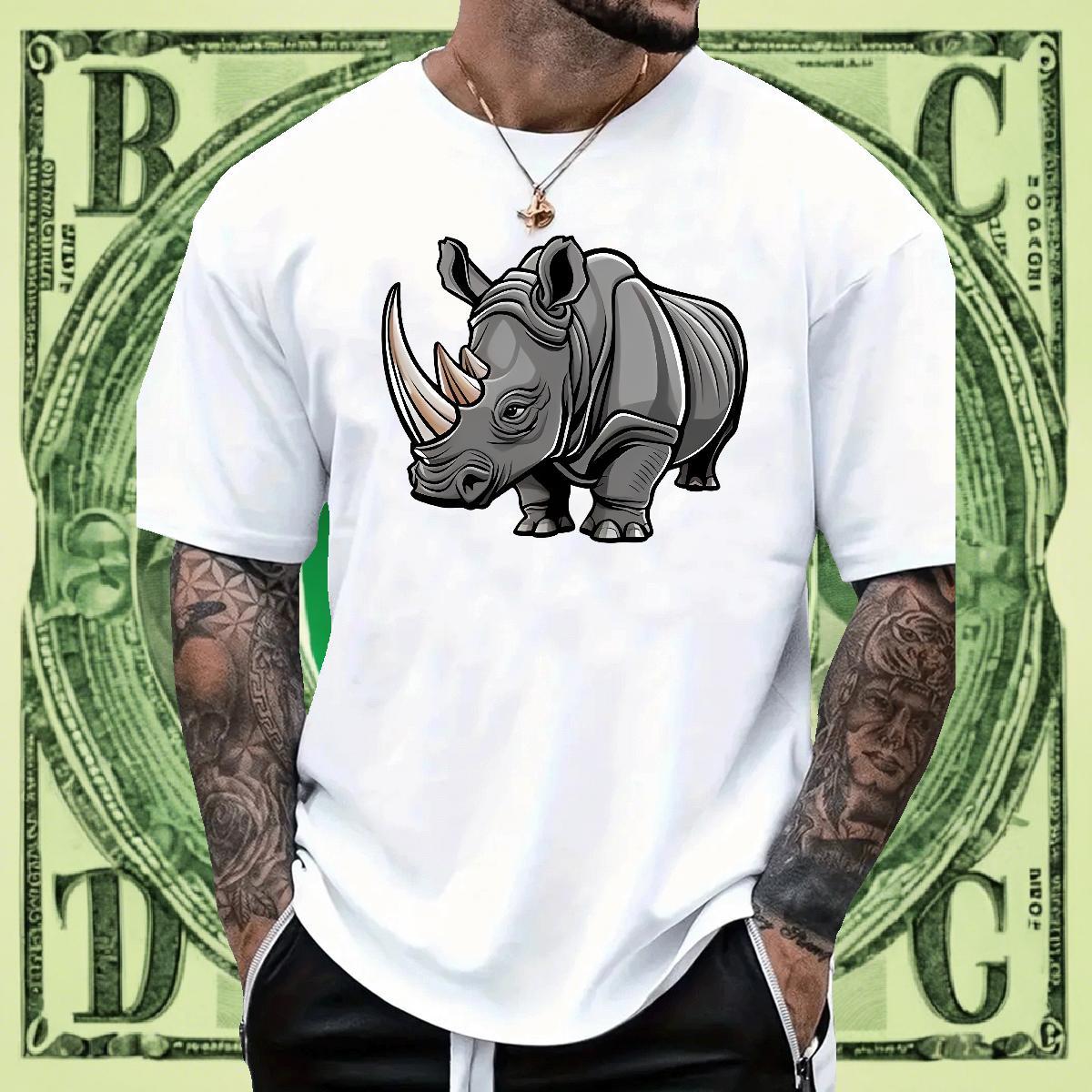 High Quality Men Clothes T-Shirt Beach 230g 100% Cotton Cartoon Print Breathable Crew Neck rhinoceros T Shirt For Man Free Shipping Tops Shirt