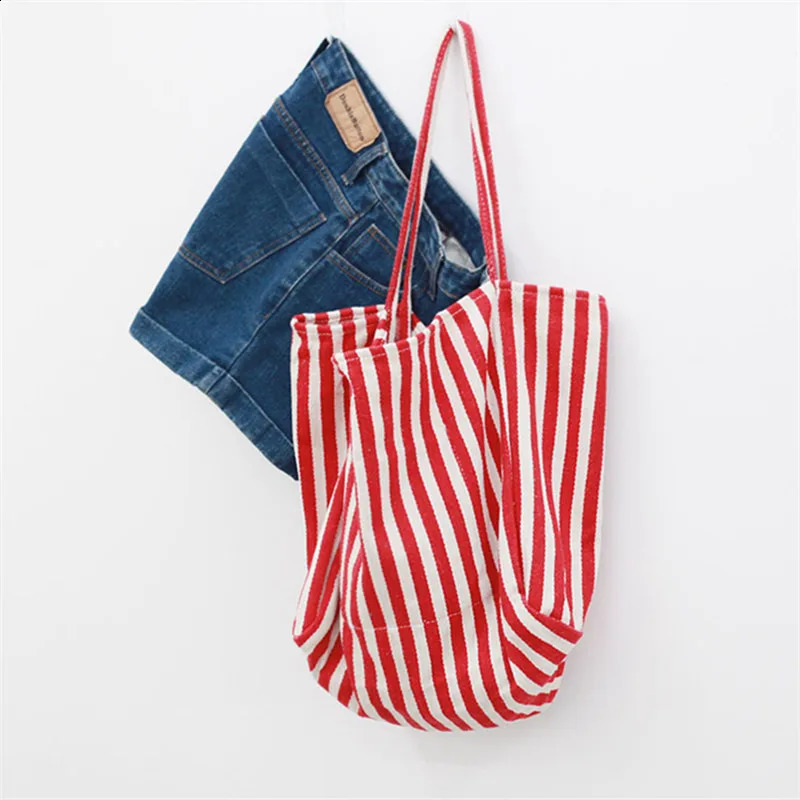 Summer Stripe Canvas Tote Bag Female Casual Large Capcity Handle Bag Simple Shoulder Bags Shopping Handbag Daily feminina 240819