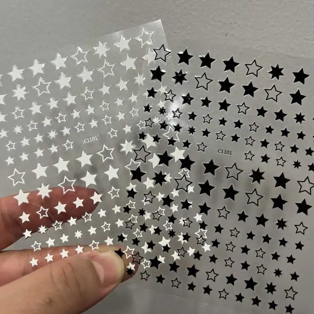 Black White Star 3D Nail Art Sticker Y2K Pentagram Self-Adhesive Decals Laser Shiny Glitters Starlight Manicure Ornaments SliderXJ240814
