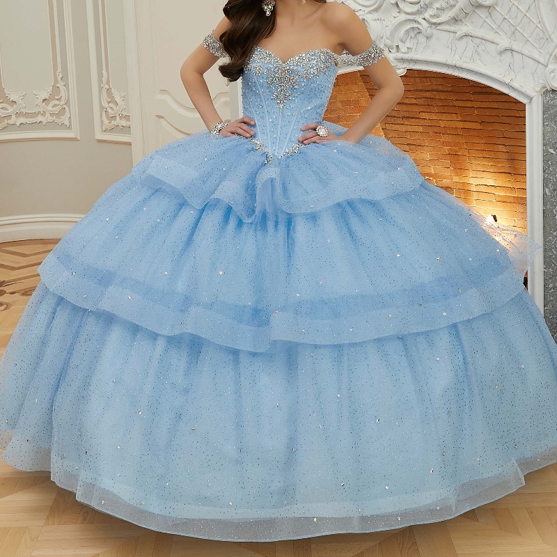 Sky Blue Shiny Princess Quinceanera Dress Ball Gown Classic Beads Crystal Bow Sequin Tull Sweet 16 Dress Vestidos De 15 Anos