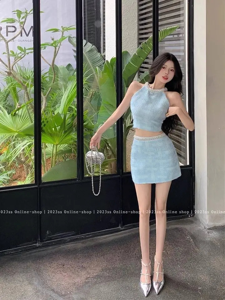 Sweet Suit Womens Summer Blue Beaded Diamonds Halter Neck Tank Top High Waist Mini Skirt Two-piece Set Female Clothes 240815