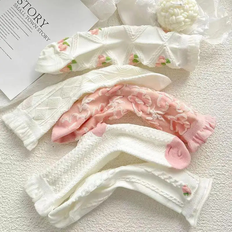 5 Pairs Lolita Japanese Woman Cute White Short Socks Set Spring Summer Sweet Ruffle Lovely Cotton Socks For Women 240815
