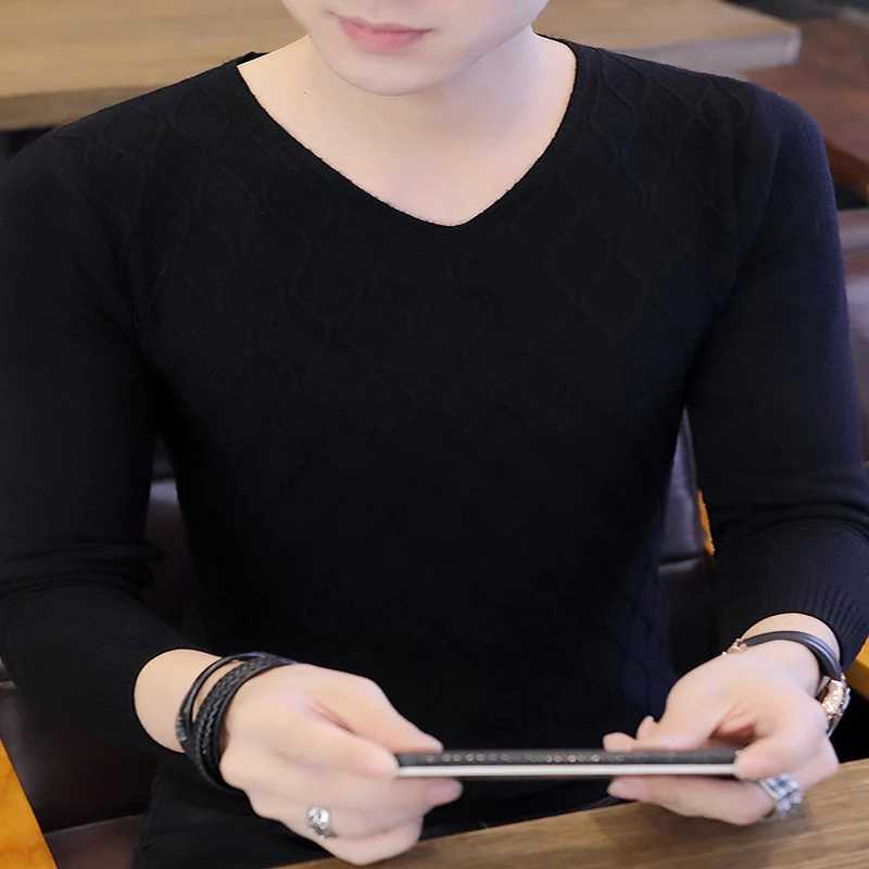 Mens New Simple Fashion V-neck Solid Color Slim Pullover Sweater Casual Long-sleeved Knitted ShirtXJ240814
