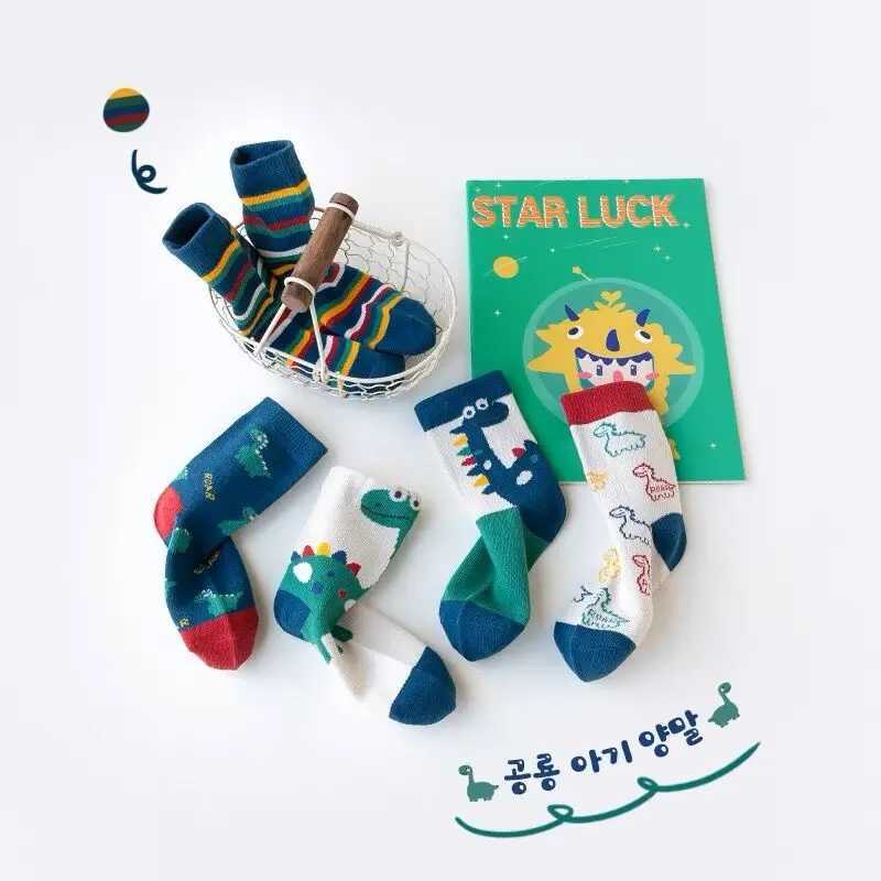 5 pairs of autumn and winter new childrens socks with high-altitude dinosaur cartoon design for boys and girls baby cartoon socks wholesale W240814