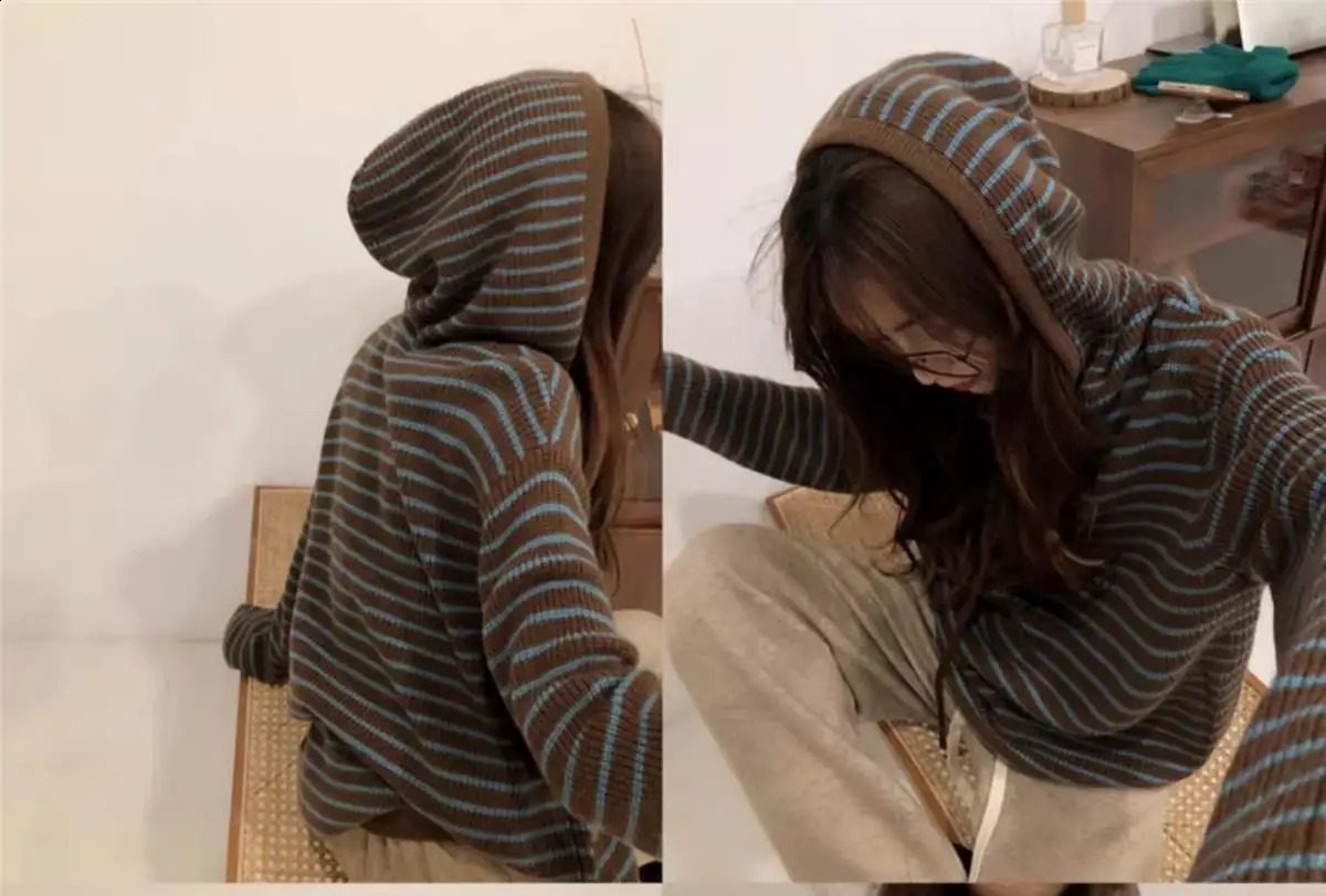 Tops Wide Casual Korean Hooded Striped Fashion Sweater Outer Wear Women Autumn and Winter 240815