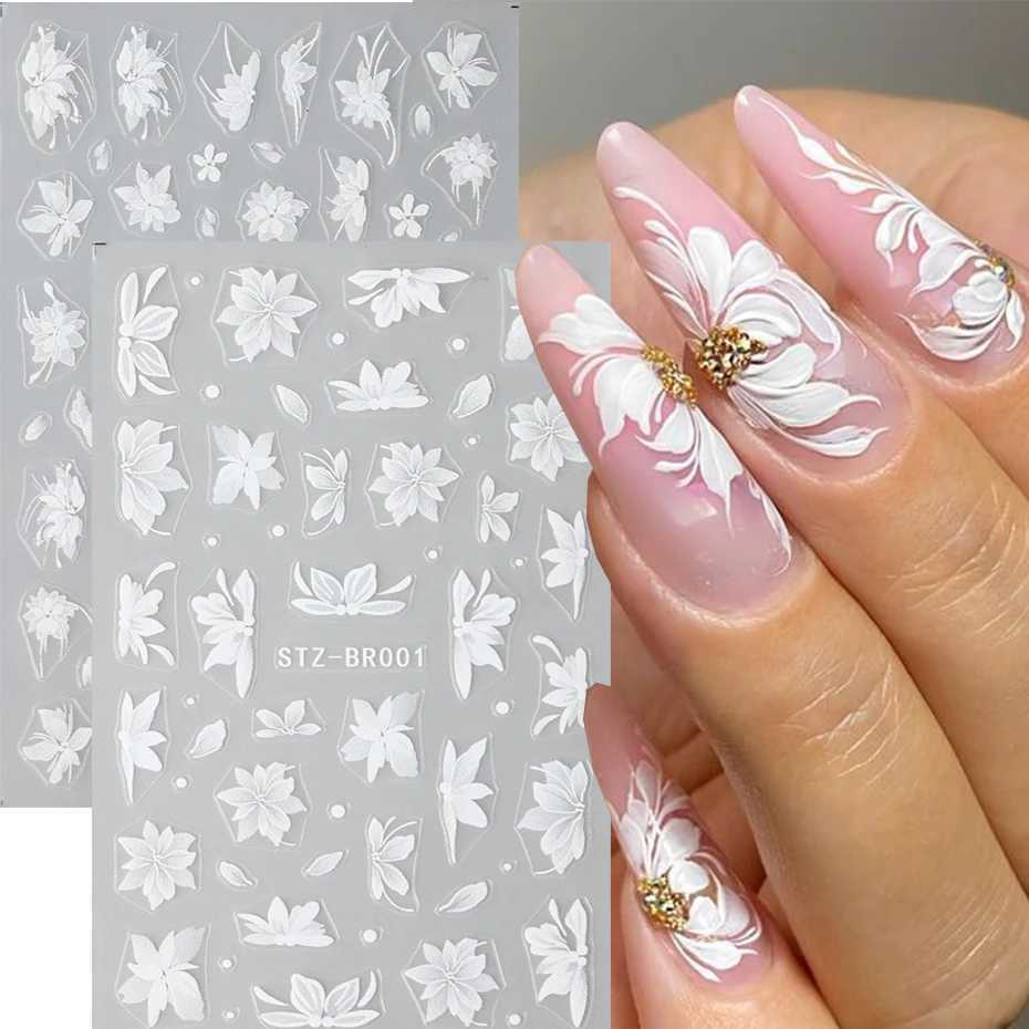 Acrylic Flowers Nails Art Stickers White Floral Petal Leaf Sliders For Nails Wedding Design Manicure DecorationXJ240814