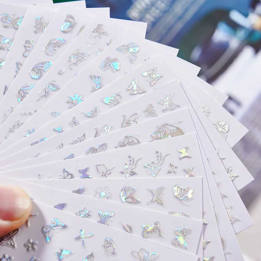 16 Sheets Silver 3D Nail Art Adhesive Sticker Laser Hollow Fly Butterfly Shapes Nail Art Decal Decorations Different Shape SheetXJ240814