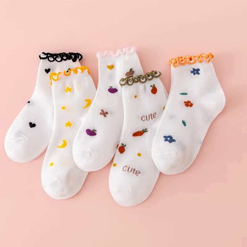 5 pairs of girls socks with curled edges cute and easy to match girls mid calf socks summer thin cotton socks W240814
