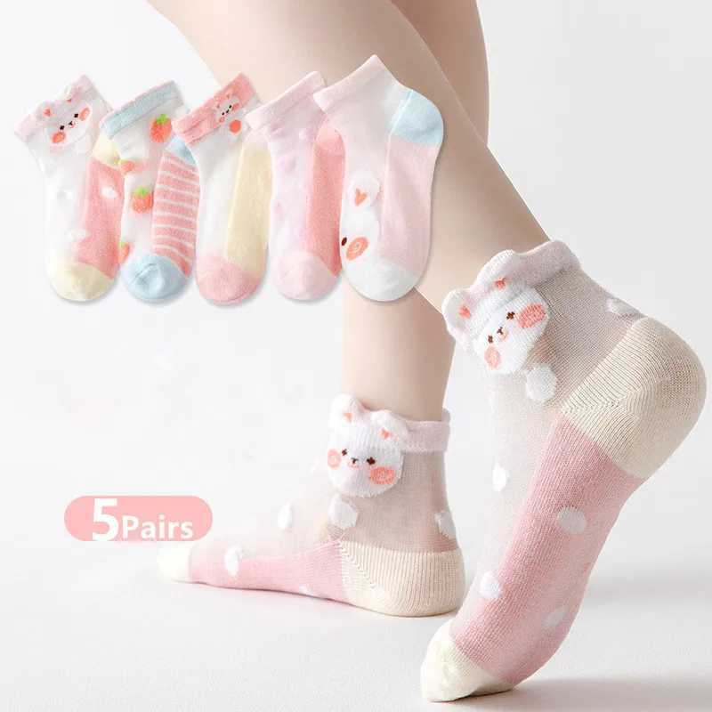 5 pairs/batch of summer soft cotton girls socks breathable childrens short ankle socks childrens lace princess net cartoon socks W240814