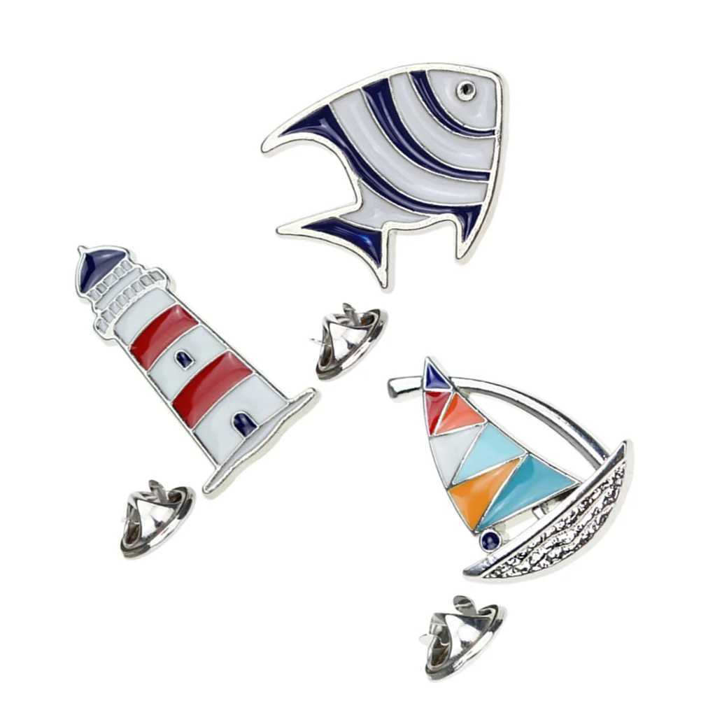 3-piece clip on loop alloy tropical fish lighthouse lapel vintage jewelry sailboat pin brooch clothing decoration W240815