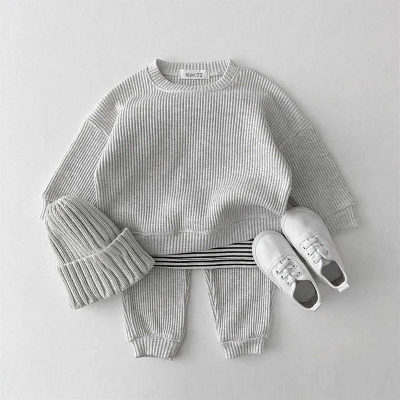 Clothing Sets Korean Baby Clothing Sets Waffle Cotton Kids Boys Girls Clothes Spring Autumn Loose Tracksuit Pullovers Tops+Pants 2PCS Sets