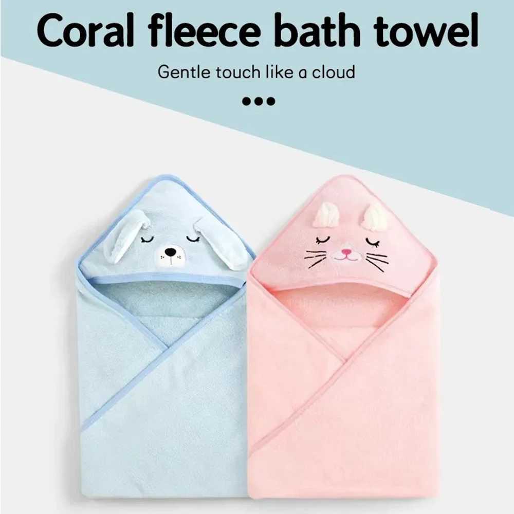Newborn Kids Bathrobe Solid Color Cartoon Coral Fleece Super Soft 80cm Toddler Baby Hooded Bath Towel Bathrobe Swaddle Blanket Y240815