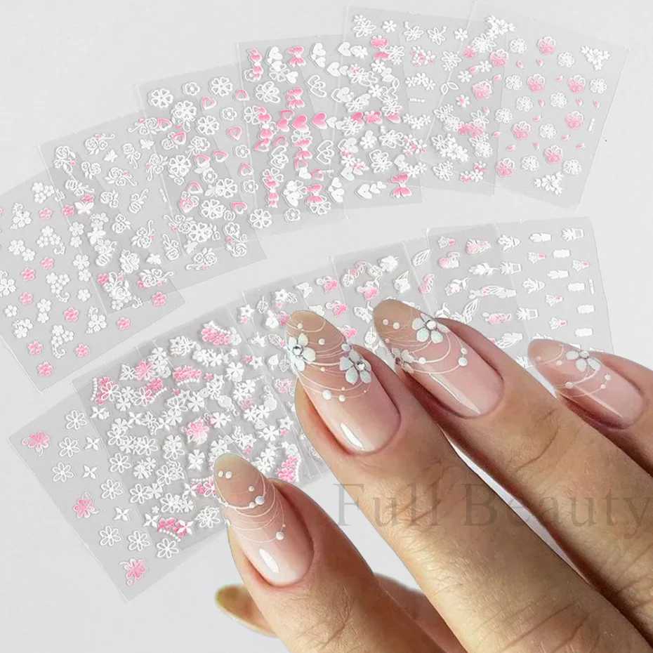 30Pcs Pink White Flowers Nail Sticker Set Sakura Cherry Cute Floral Decals Heart Moon Butterfly Sliders Nail Charms LA3D30set-01XJ240814