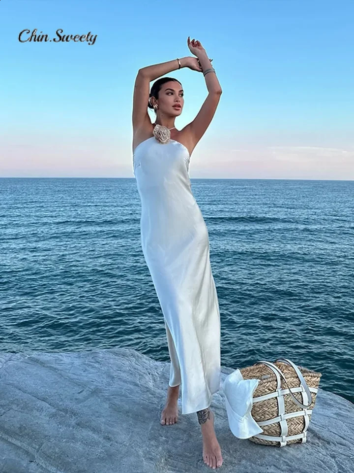 Party Satin Halter 3D Flower Long Dress Women Fashion Lace-up Sleeveless Backless Dresses 2024 Summer Lady Elegant Beach Robes 240814