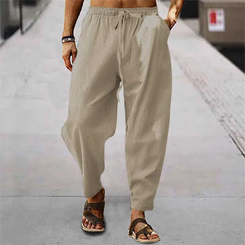 Mens loose casual cotton linen breathable summer pocket pantsW240725