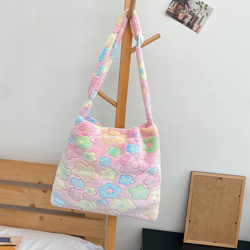 Fashion Flowers Shoulder Crossbody Bags For Women Soft Plush Shopper Female Large Capacity Handbag Warm Fluffy Bucket 240814