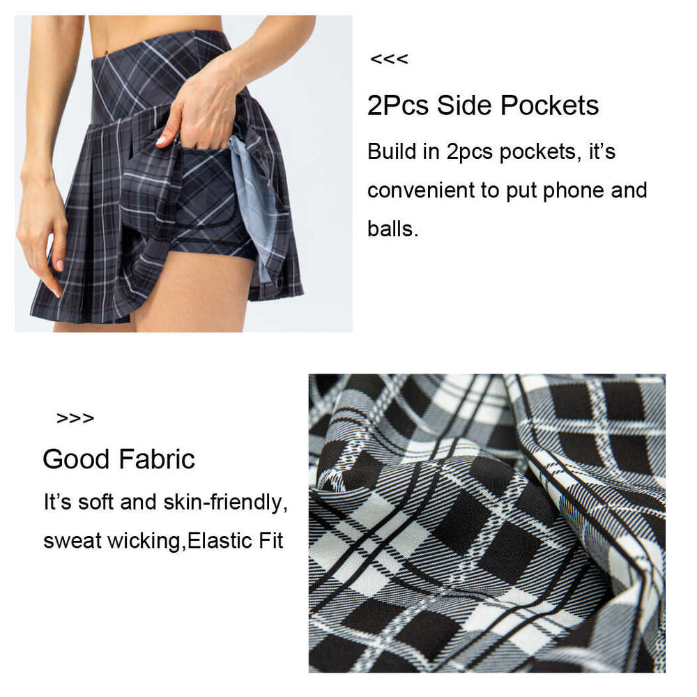 Sport Women Skort Pockets High Waist Pleated Check Printed Anti-glare Dance Golf Tennis Running Shorts with Skirt