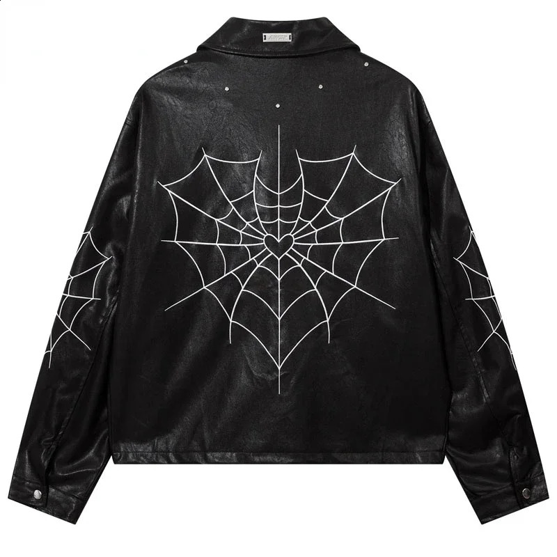 Black Leather Jacket Y2K Streetwear Hip Hop Embroidery Heart Spider Web Zipper Short Faux PU Coat Fashion Motorcycle Jacket 240809