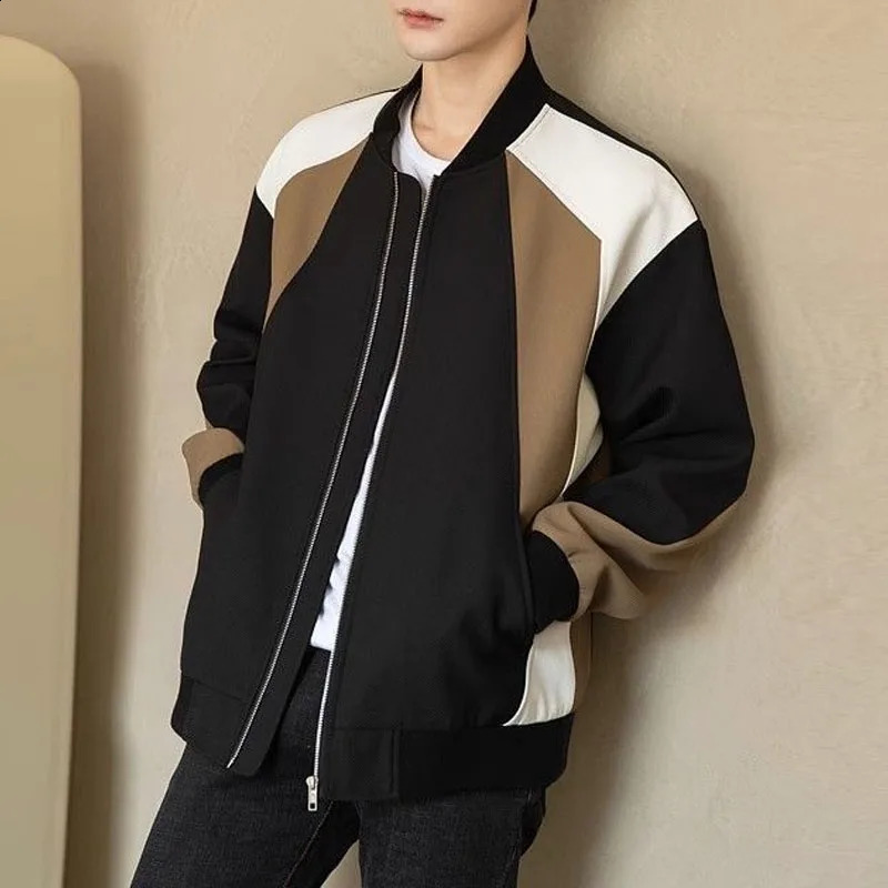 Spring and Autumn Fashion Trend High End Wrinkle Resistant Panel Contrast Loose Versatile Casual Round Neck Mens Baseball Coat 240814