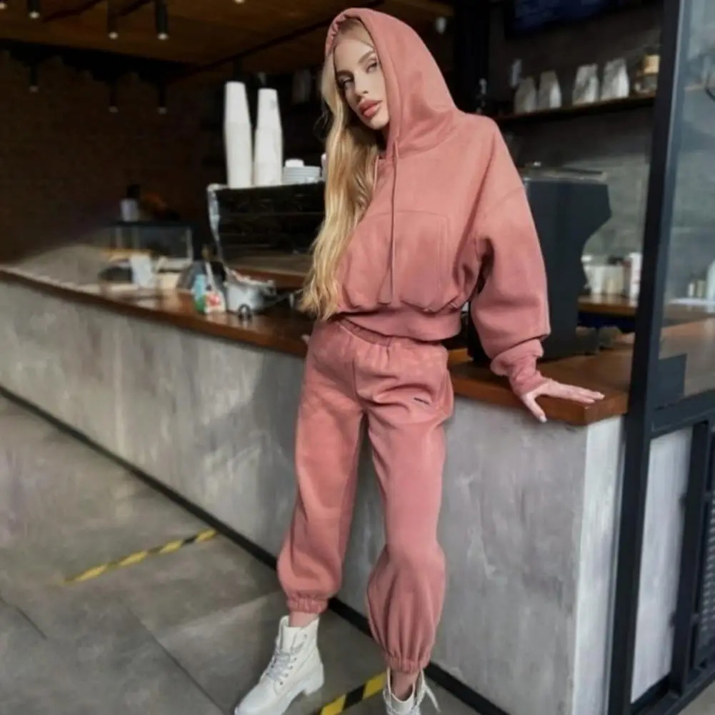 Women Solid Color Tracksuit Casual Warm Long Sleeve Sweatshirt Jogger Pants Two Piece Sets Winter HoodiesPants Sport Suits 240809