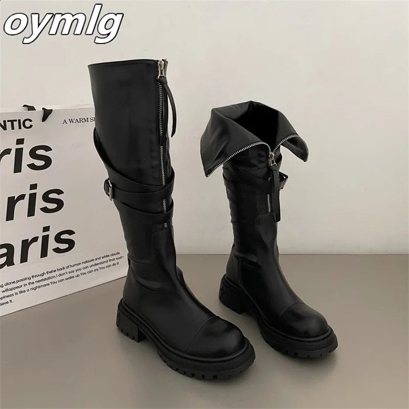 Autumn Knee Boots Womens Belt Buckle Thick Bottom Motorcycle Rider Boots Long Sleeve Fashion Boots 240821