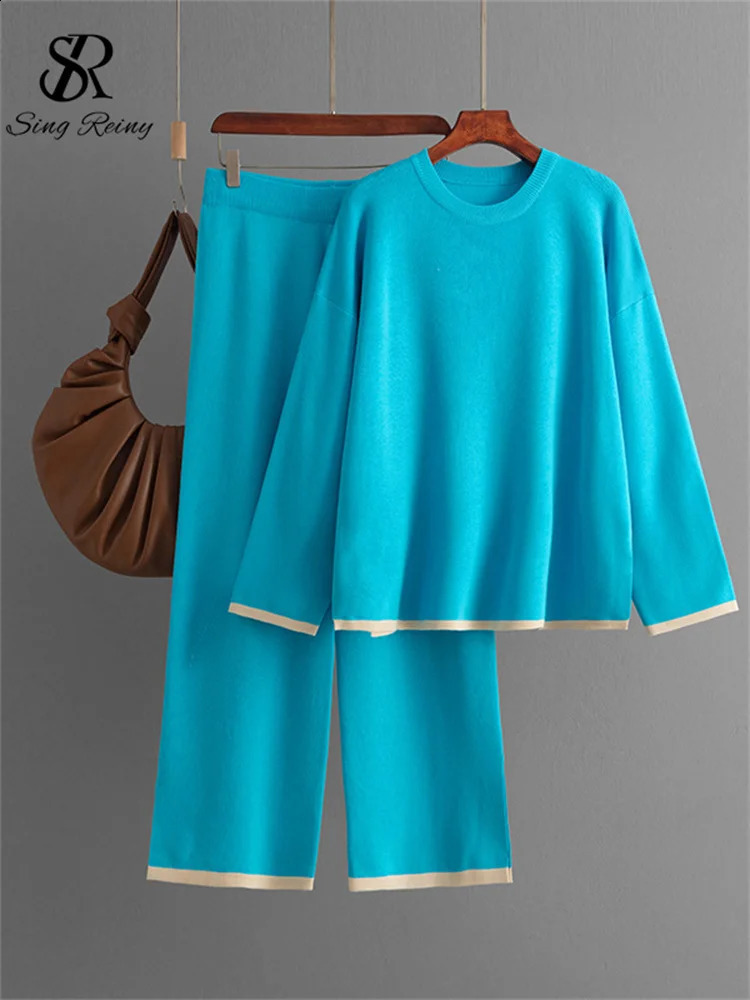 Womens Oneck loose fitting patchwork topelastic waist wide leg pants knitted sweater 2PC set 240809