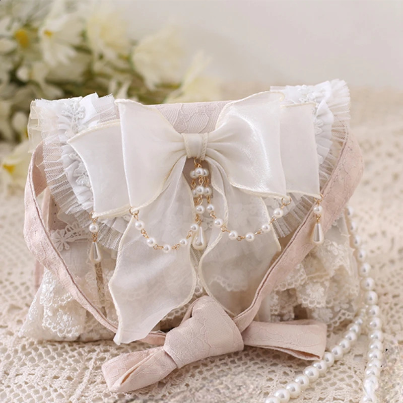 Women Tender Lolita Kawaii Bow Crossbody Bag Japanese Ins Girls Sweet Casual Chain Handbags Elegant Fairy Lace Shoulder Bags Y2k 240815