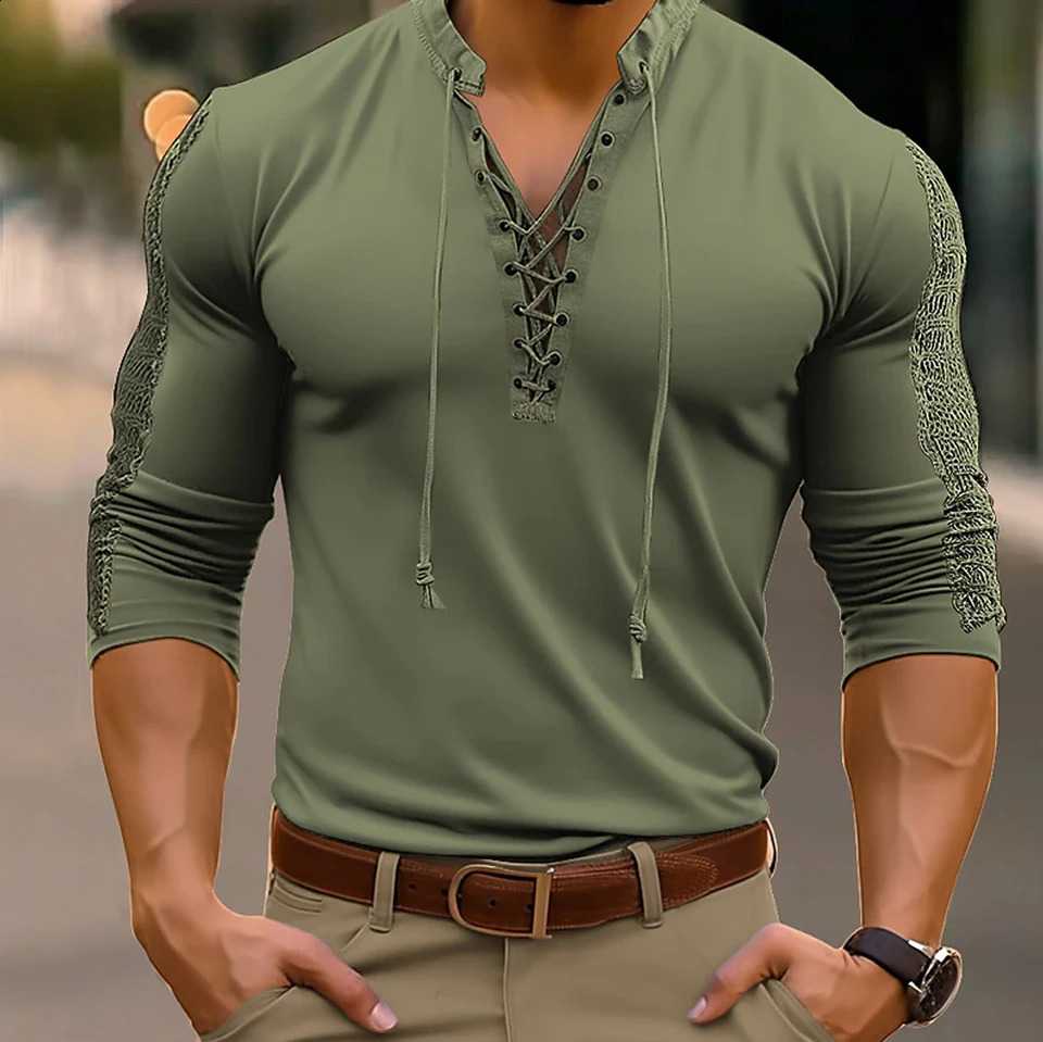 Mens Long Sleeve Lace Up Pullover T Shirt Casual V Neck Muscle Tops Blouse Adult Men Medieval Shirts Tops Chemise 240814