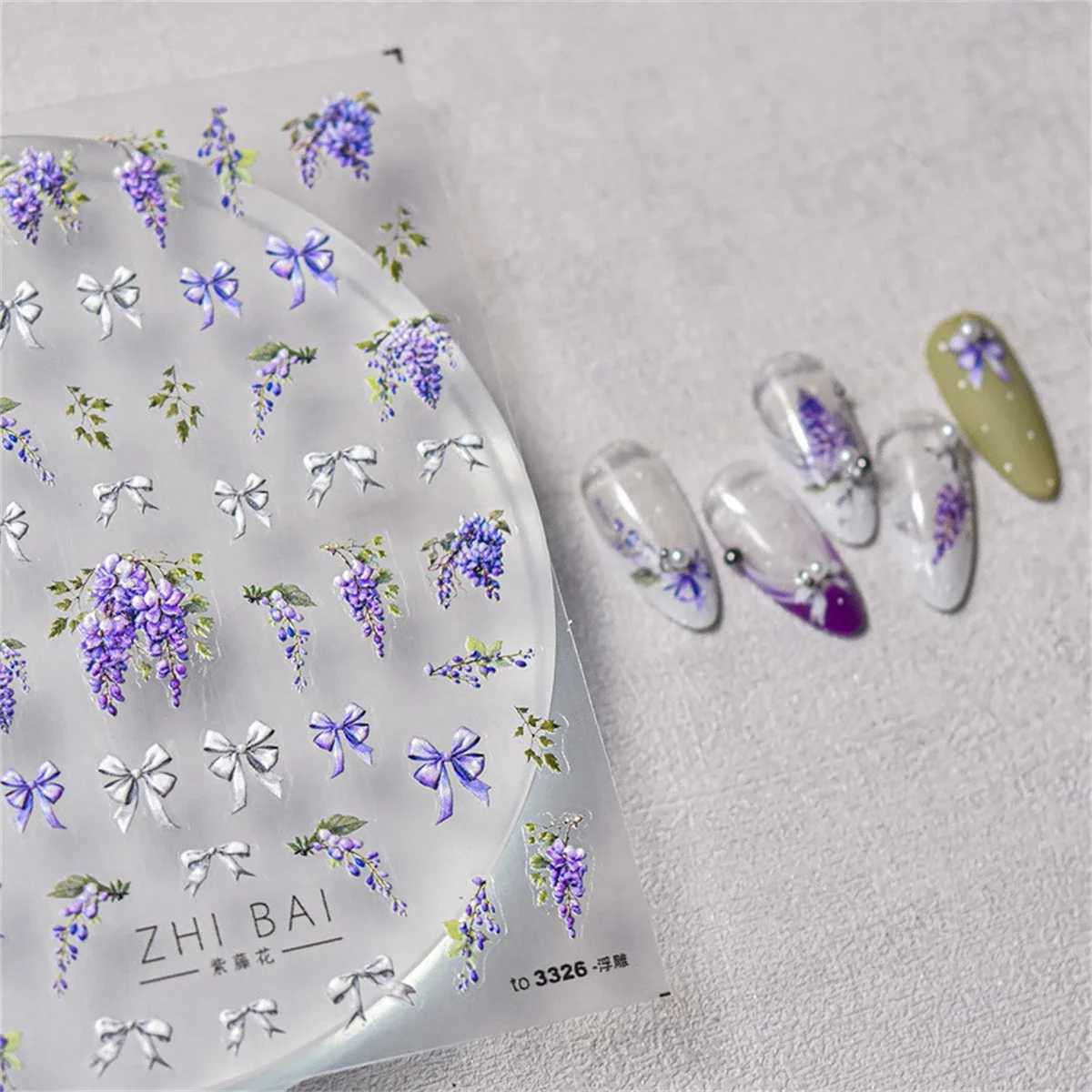 1pcs 5D Japanese Kawaii Purple Wisteria Flower Nail Art Stickers Flower Bow Nail Decoration Slider Decal Adhesive Transfer PartXJ240814