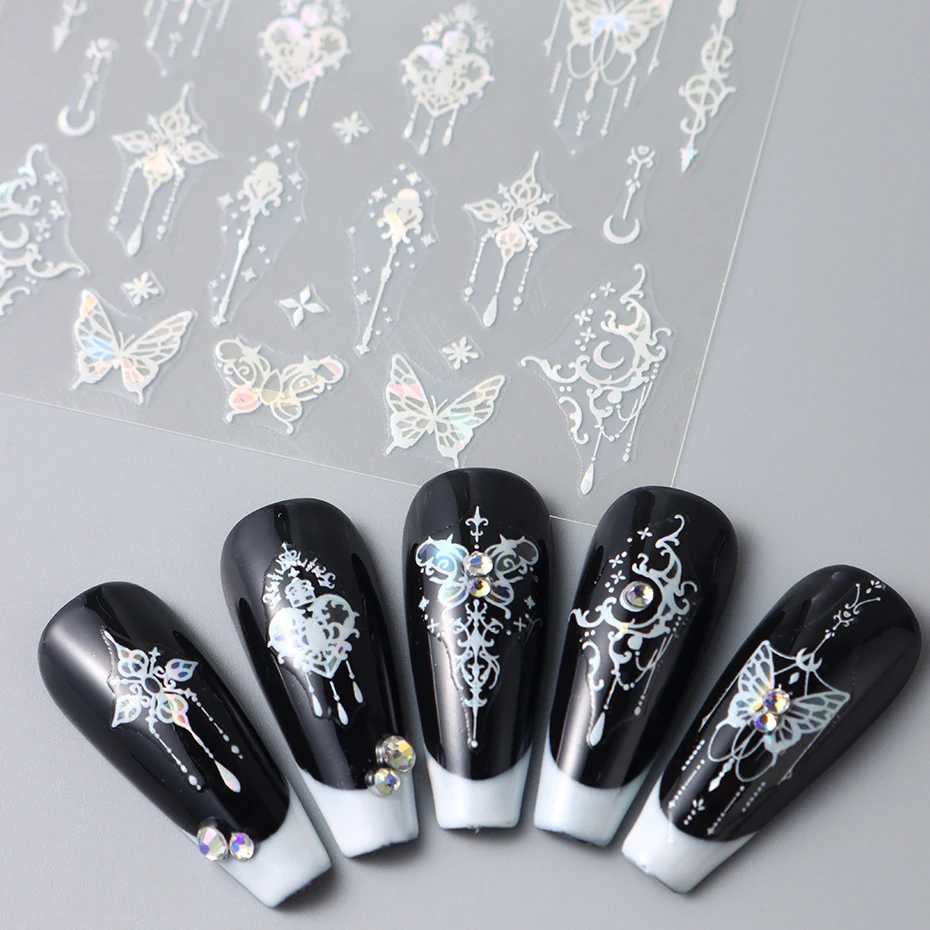 Metallic Black Butterfly Nail Stickers 3D Dark Style Charms Sliders Lace Ink Dream Catcher Moon Heart Star Foil Manicure TipsXJ240814