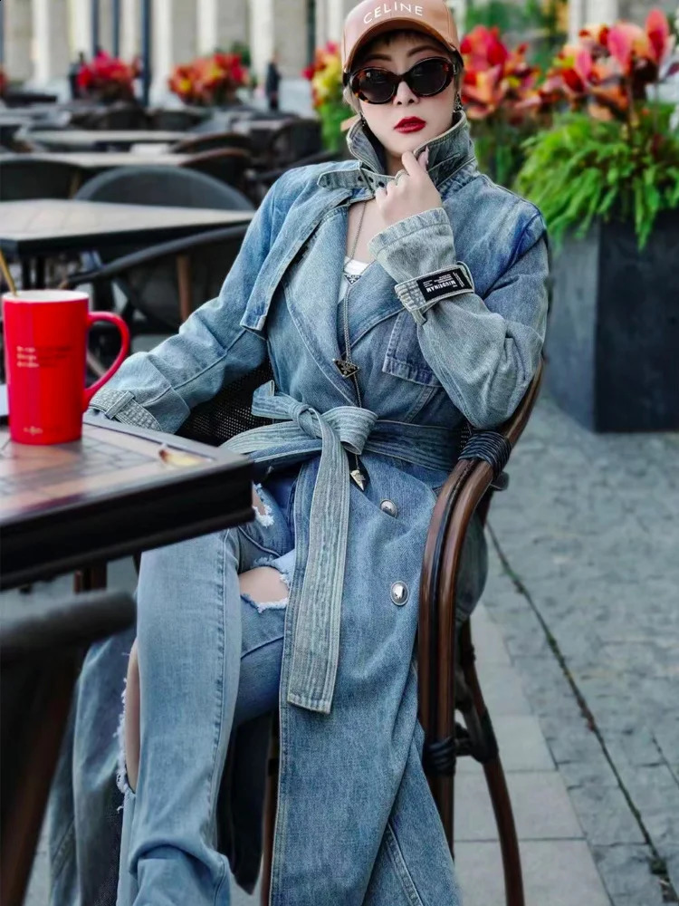 Autumn and Spring Denim Long Coat Womens y Coats Jacket Traf Trench 240814