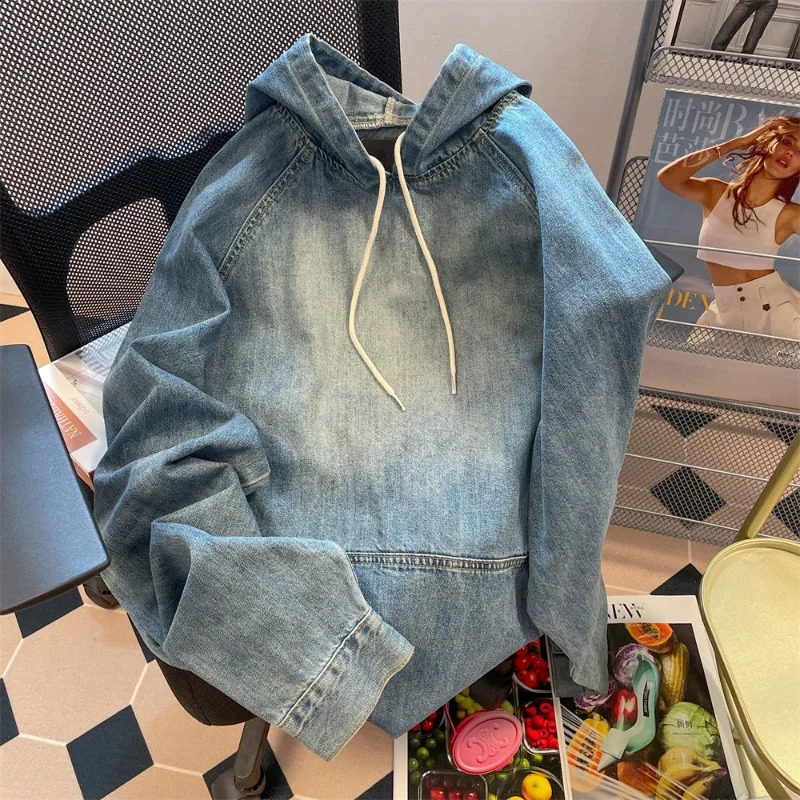 Retro Casual Denim Jacket Womens Fashion Korean Sweatshirt Hooded Loose Sleeve Street Apparel Coat Y2k Top Ropa Mujer 240815