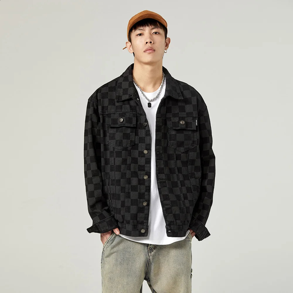Mens plaid printed denim jacket casual loose plain denim jacket black long sleeved jacket 240814