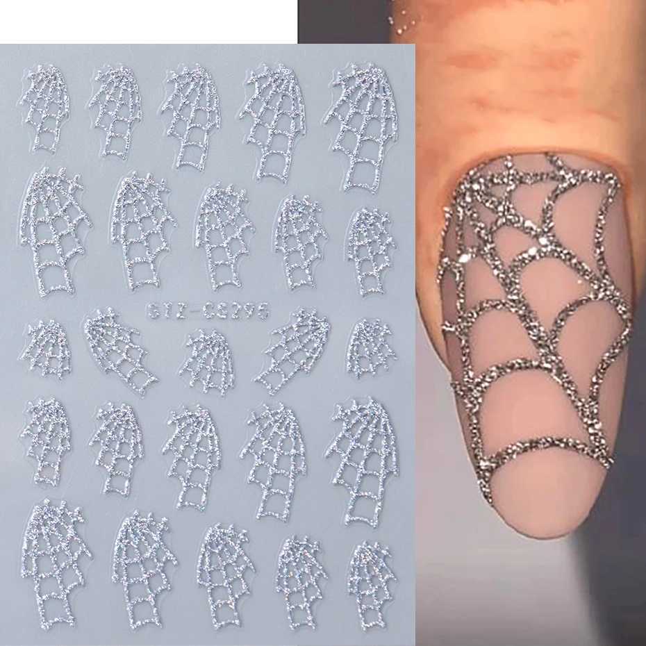 Spider Web Silver Glitter Nail Art Stickers Decals Self-Adhesive Spider Love Heart Shimmer 3D Halloween Nail Stickers SuppliesXJ240814
